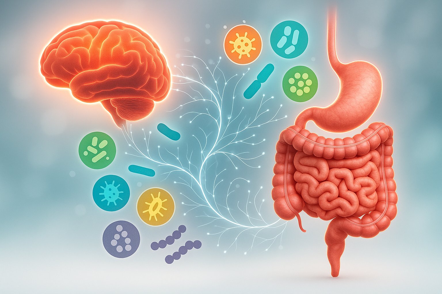 Illustration of human brain and digestive tract connected by neural and microbiome pathways — abstract gut-brain axis background with healthy gut bacteria icons and a glowing brain silhouette.