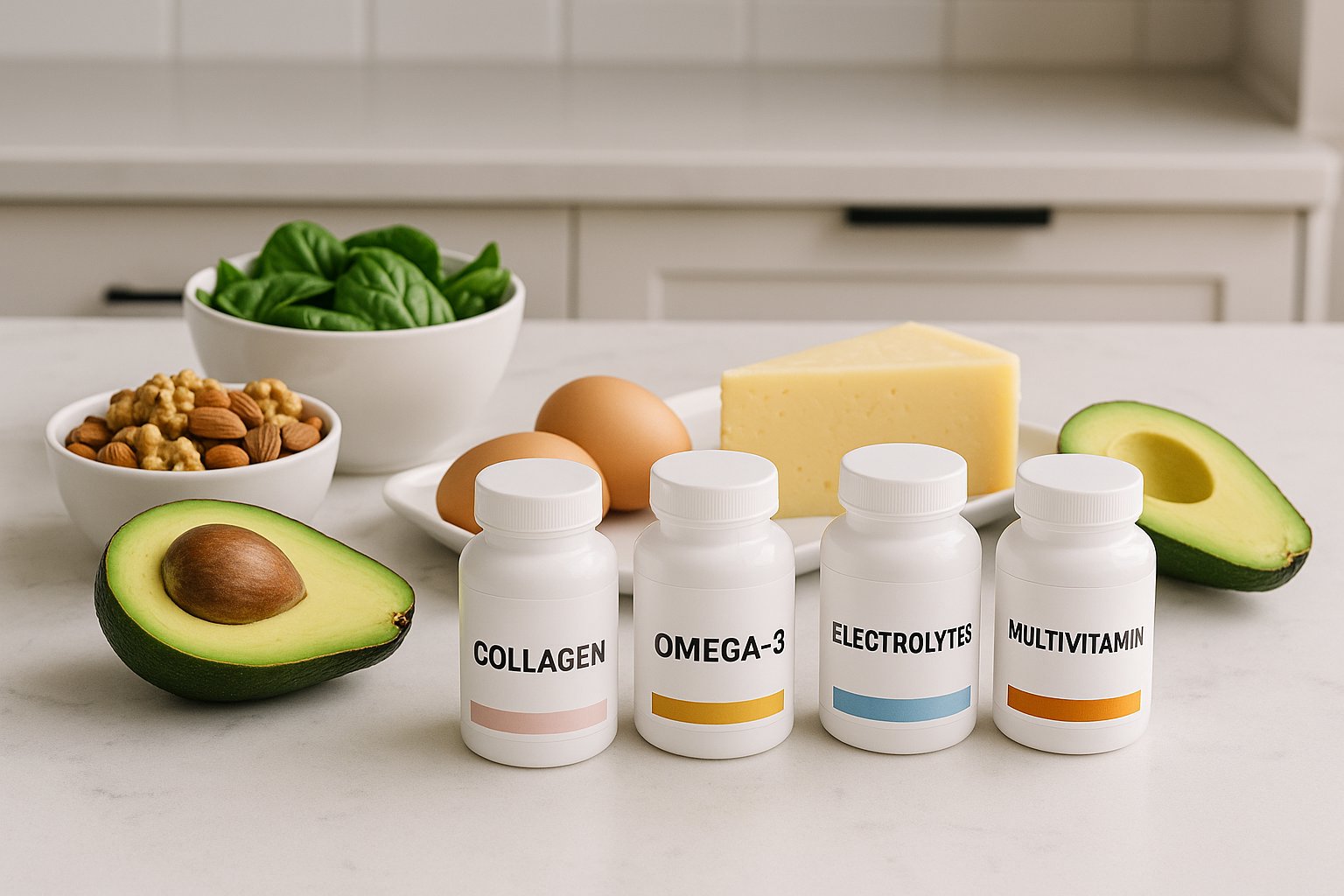 Flat-lay of keto foods with supplement bottles including MCT oil, omega-3, electrolytes, and multivitamins on a clean kitchen counter, modern healthy lifestyle look, bright natural lighting