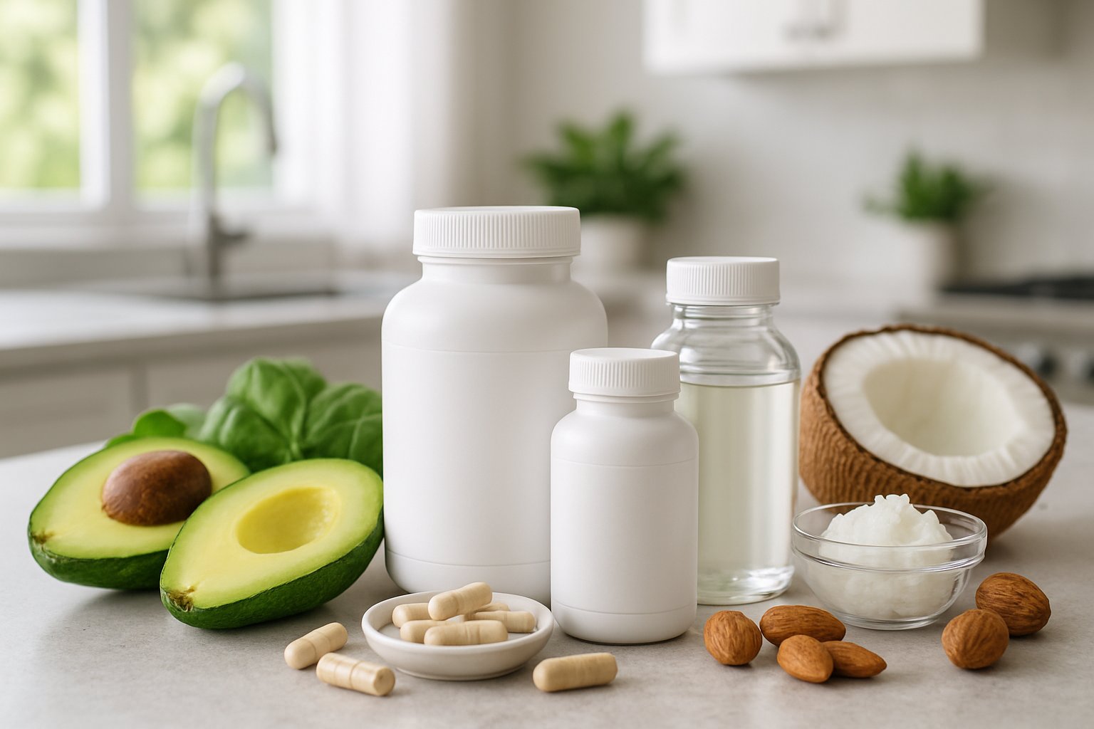 A kitchen countertop with keto fat burner supplements and fresh keto-friendly foods like avocado, nuts, coconut oil, and leafy greens in a bright kitchen.