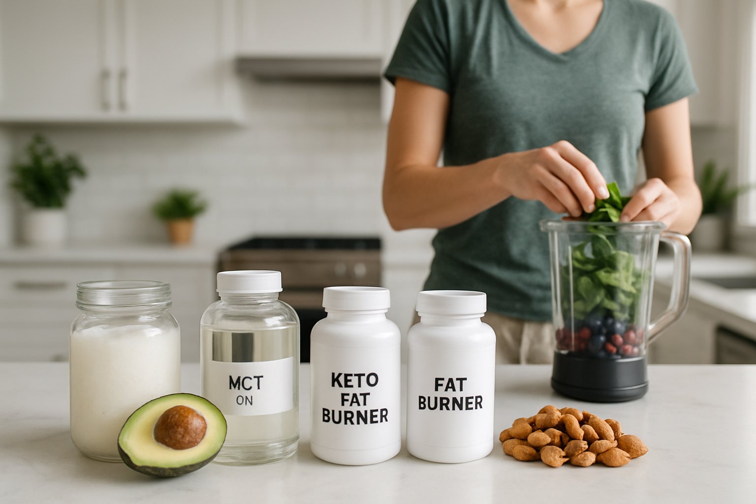 A kitchen countertop with keto fat burners supplements, natural ingredients, and a person preparing a healthy smoothie.