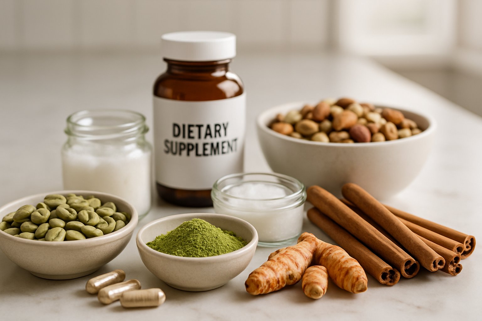 A kitchen countertop displaying various natural ingredients like green coffee beans, cinnamon sticks, turmeric root, coconut oil, mixed nuts, seeds, and dietary supplement capsules.