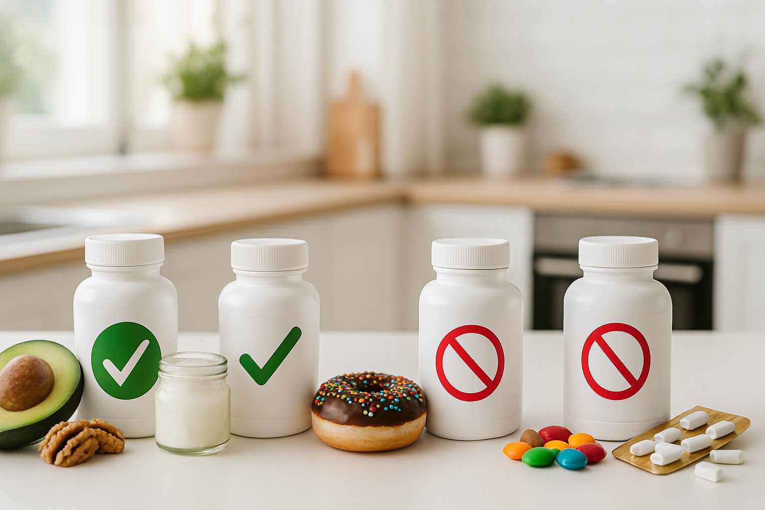 A kitchen countertop displaying keto fat burner supplement bottles with healthy ingredients on one side and warning symbols with unhealthy items on the other.