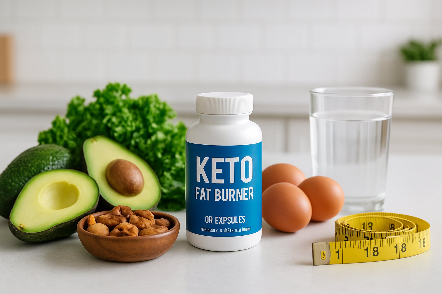 A kitchen countertop with keto fat burner supplements, fresh keto-friendly foods like avocados and eggs, a glass of water, and a measuring tape.