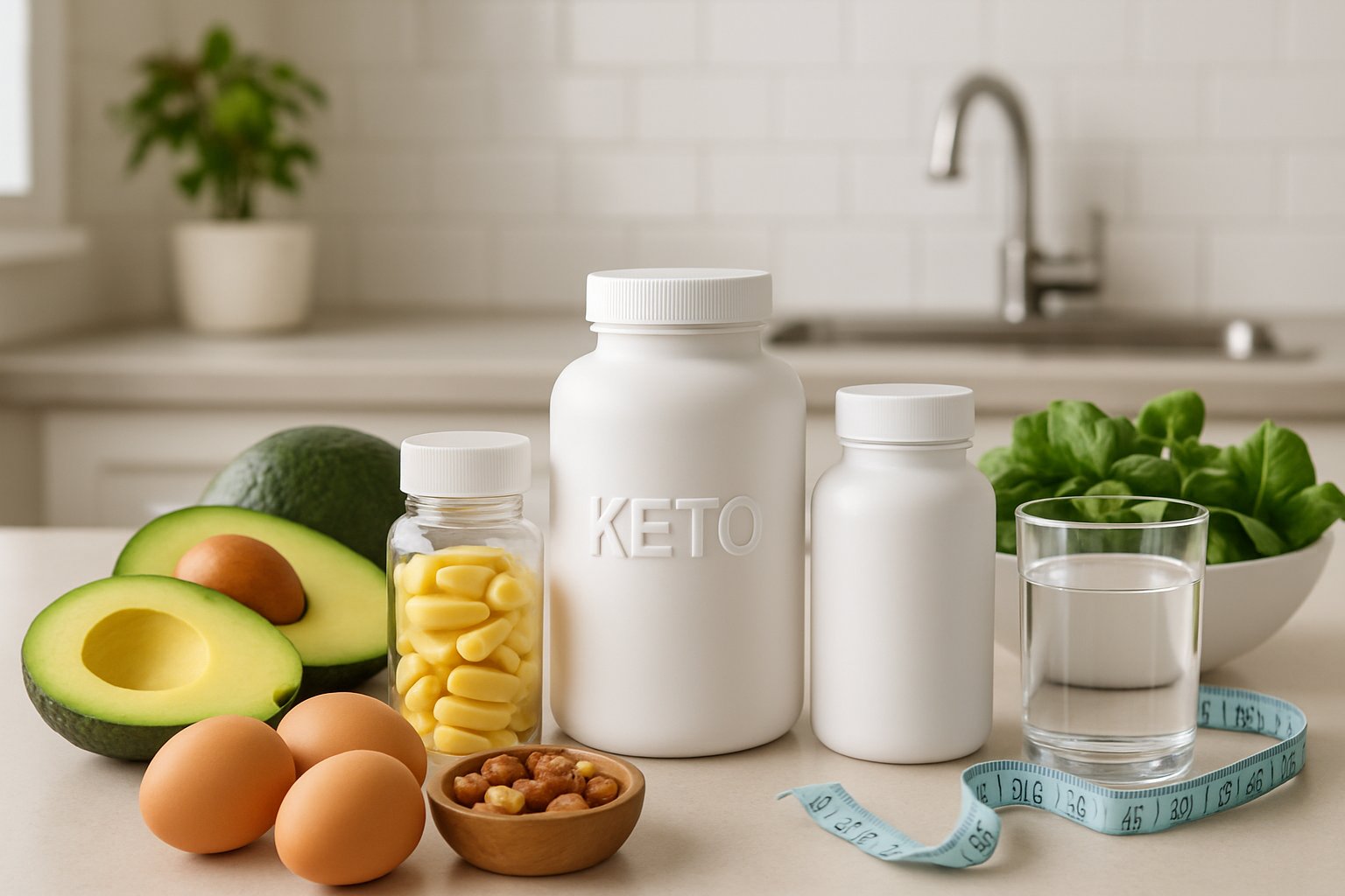 A kitchen countertop with keto supplements, fresh avocados, eggs, nuts, leafy greens, a glass of water, and a measuring tape arranged neatly.