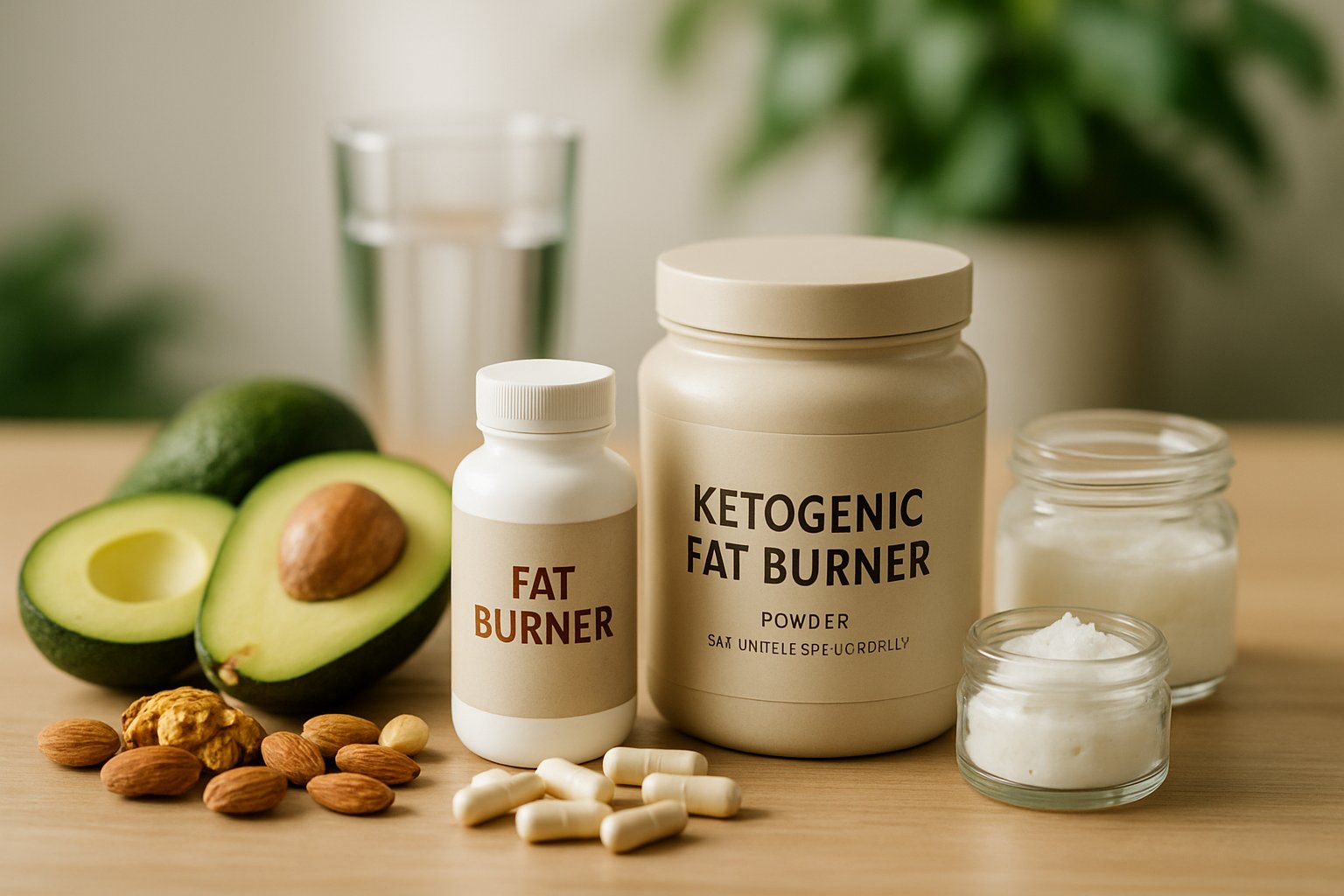 A table with keto diet supplements, fresh avocados, nuts, and coconut oil jars arranged neatly, with a glass of water and a green plant in the background.