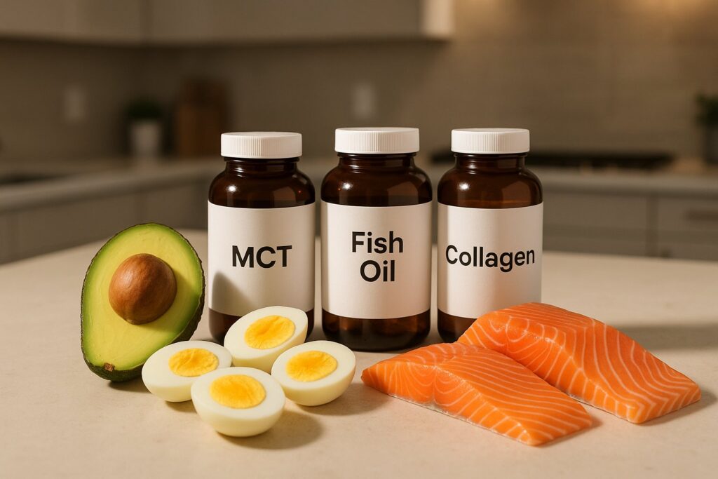 Flatlay of keto foods (avocado, eggs, salmon) with supplement bottles labeled MCT, Fish Oil, Collagen — clean, modern kitchen background, warm natural lighting.