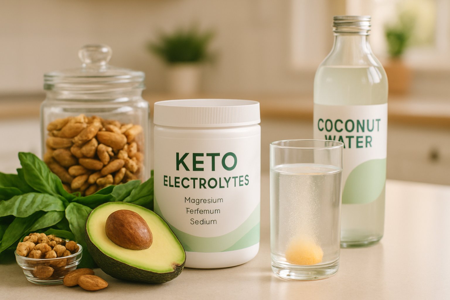 A kitchen countertop with various keto electrolyte supplements, fresh natural ingredients, and a glass of water with an electrolyte tablet dissolving.