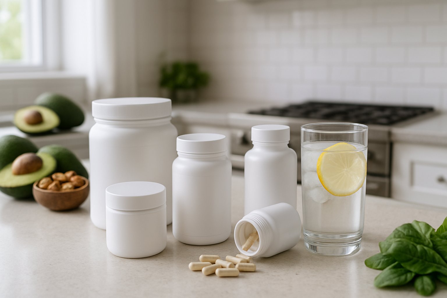 A kitchen countertop with keto electrolyte supplement bottles, a glass of water with lemon, and fresh keto-friendly ingredients in the background.
