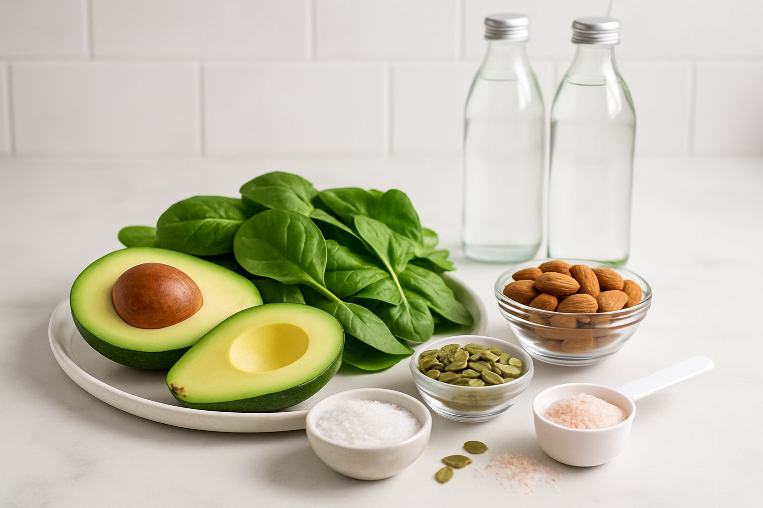 A kitchen countertop displaying avocado, spinach, almonds, pumpkin seeds, sea salt, mineral water, and pink Himalayan salt, representing keto-friendly electrolyte sources.