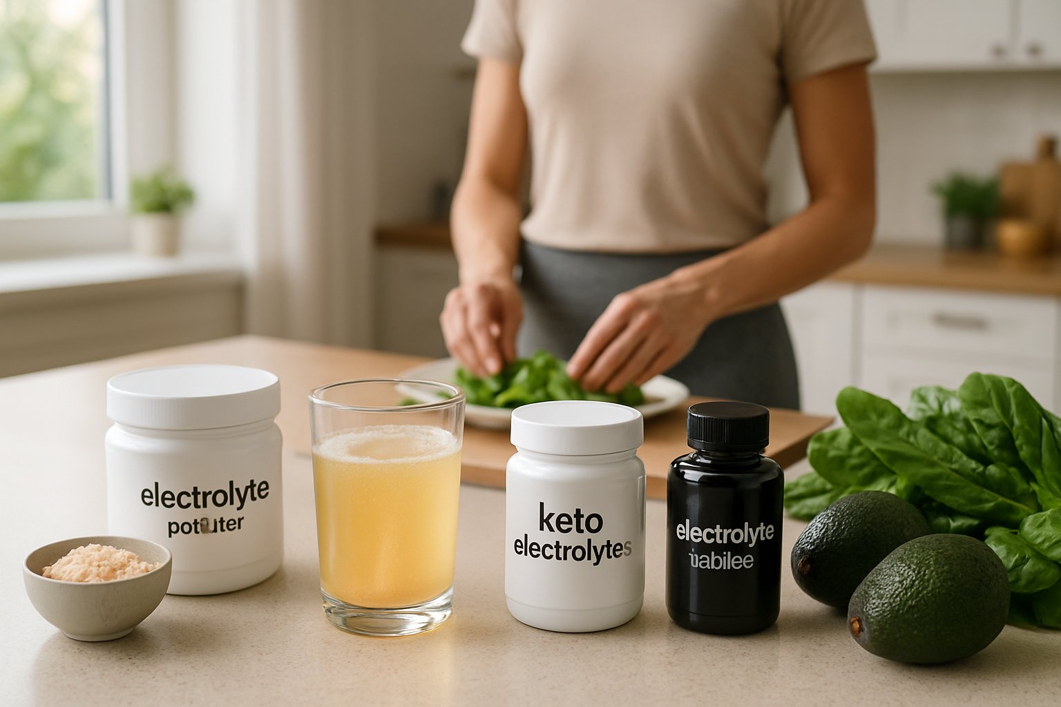 A kitchen counter with electrolyte supplements, a glass of water, fresh avocados, and leafy greens, with a person preparing a keto meal in the background.