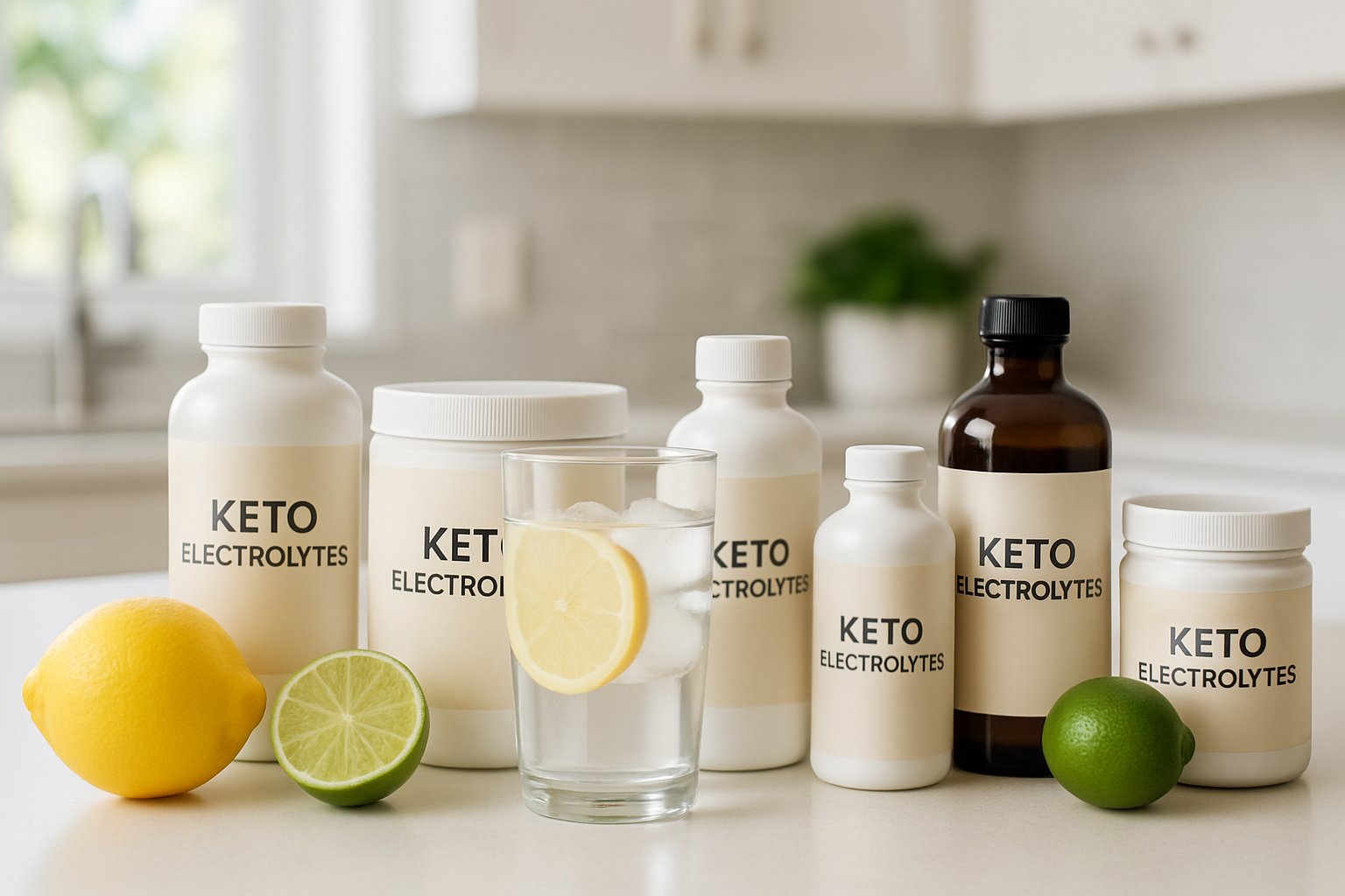 A kitchen countertop with various keto electrolyte supplement bottles, fresh lemons and limes, and a glass of water with lemon slices.
