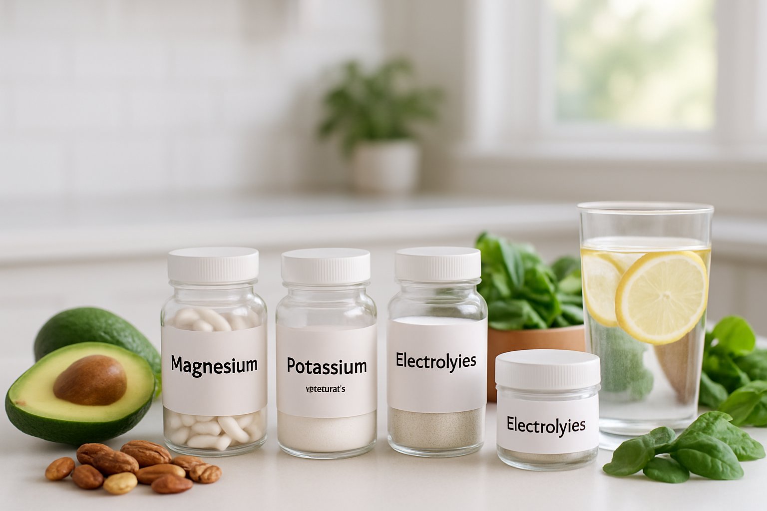 A kitchen countertop with keto electrolyte supplements, fresh avocados, leafy greens, nuts, and a glass of water with lemon slices.