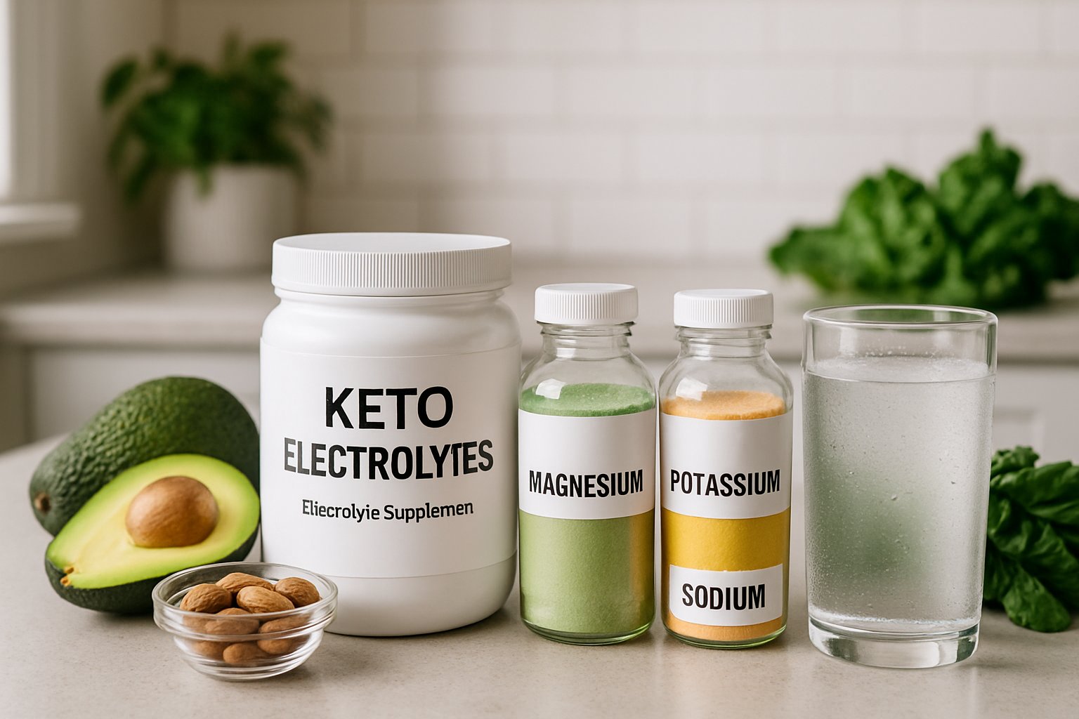 A kitchen countertop with keto electrolyte supplements, fresh healthy ingredients, and a glass of electrolyte drink.