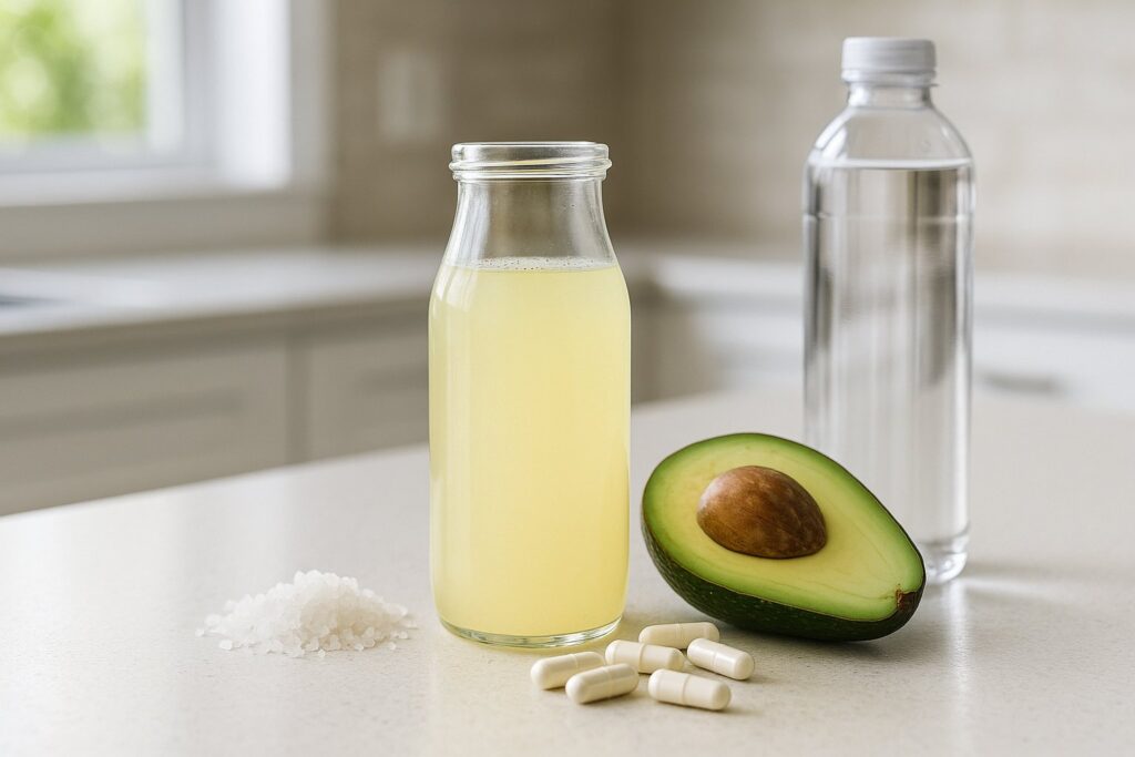 A bright, high-resolution image of a keto electrolyte drink beside sea salt, magnesium capsules, avocado, and a water bottle on a clean kitchen counter in natural daylight.