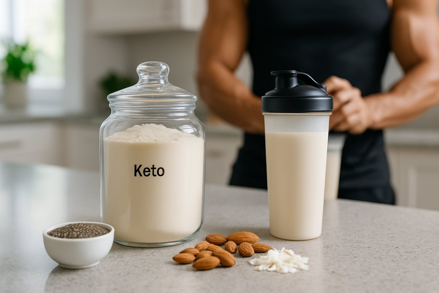 A kitchen countertop with a jar of protein powder, fresh nuts and seeds, a protein shake in a shaker bottle, and a person preparing the shake.