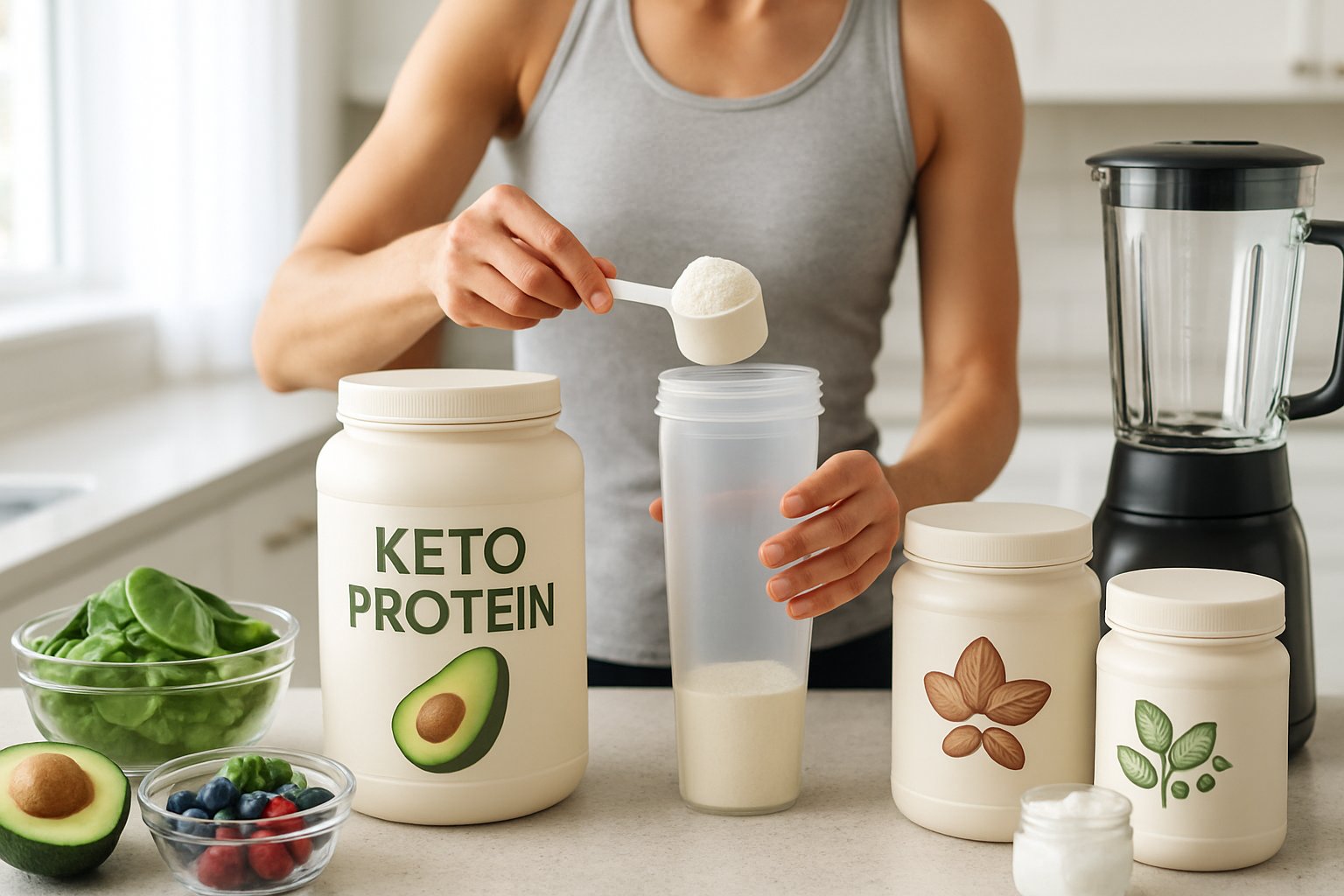 A kitchen countertop with best keto protein powder containers, fresh ingredients, and a person scooping powder into a shaker bottle.
