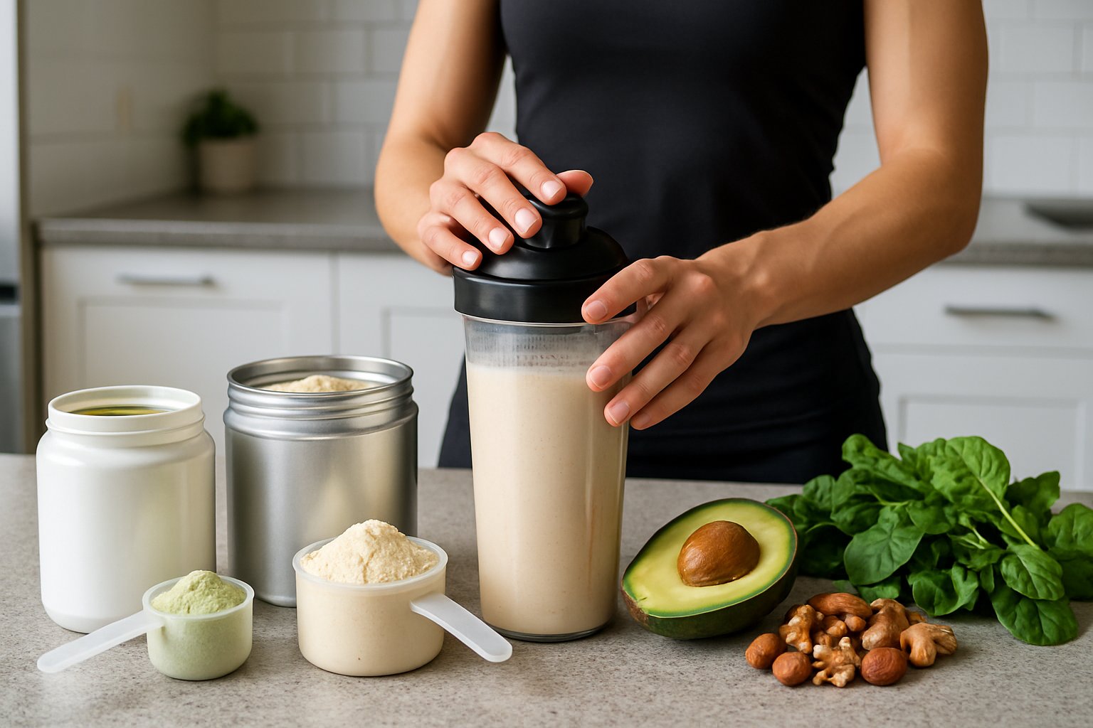 A person preparing a protein shake with keto protein powders and fresh ingredients on a kitchen countertop.