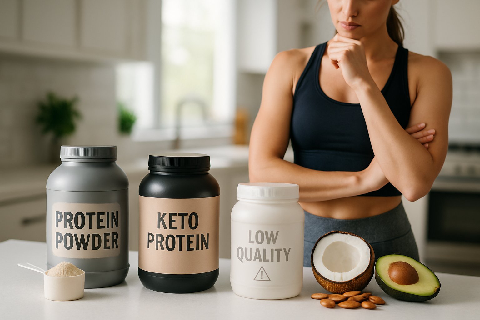 A person in workout clothes thoughtfully choosing between different protein powder containers on a kitchen countertop with fresh keto ingredients nearby.