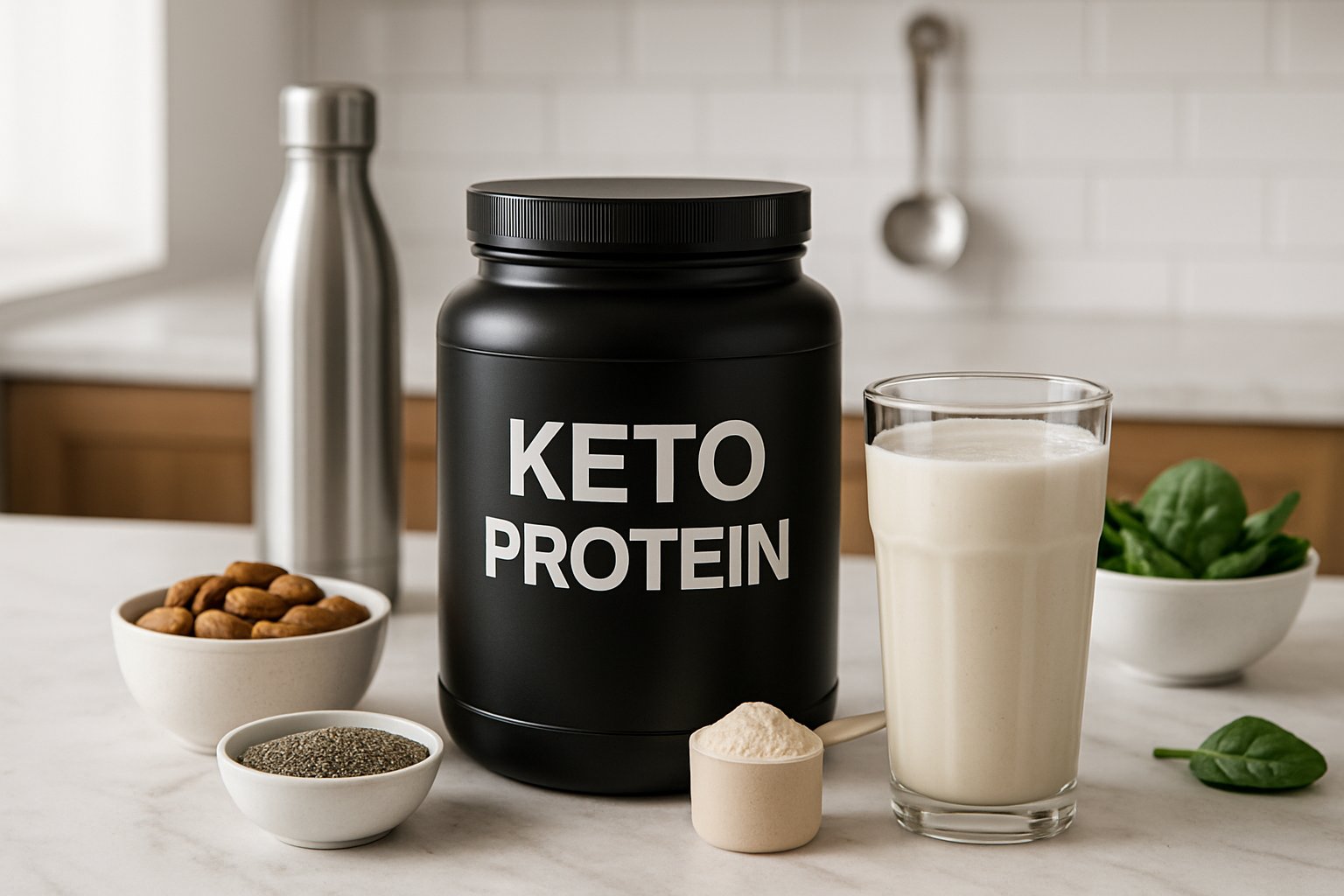 A kitchen countertop with a container of protein powder, a glass of protein shake, almonds, chia seeds, and spinach leaves arranged neatly.