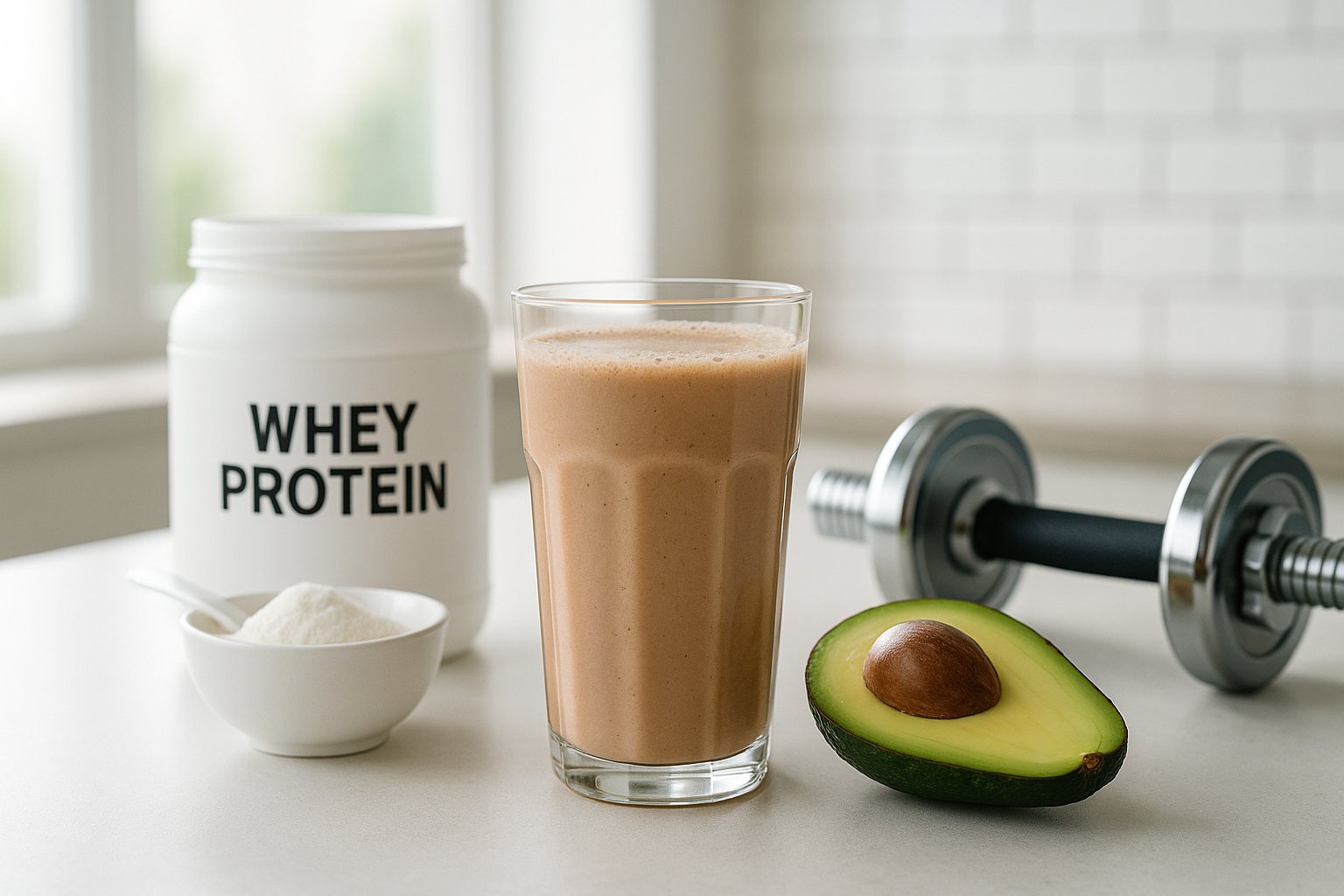 A bright, high-resolution image of a keto protein shake in a glass beside whey protein powder, collagen peptides, avocado, and a dumbbell on a clean fitness kitchen counter with natural light.