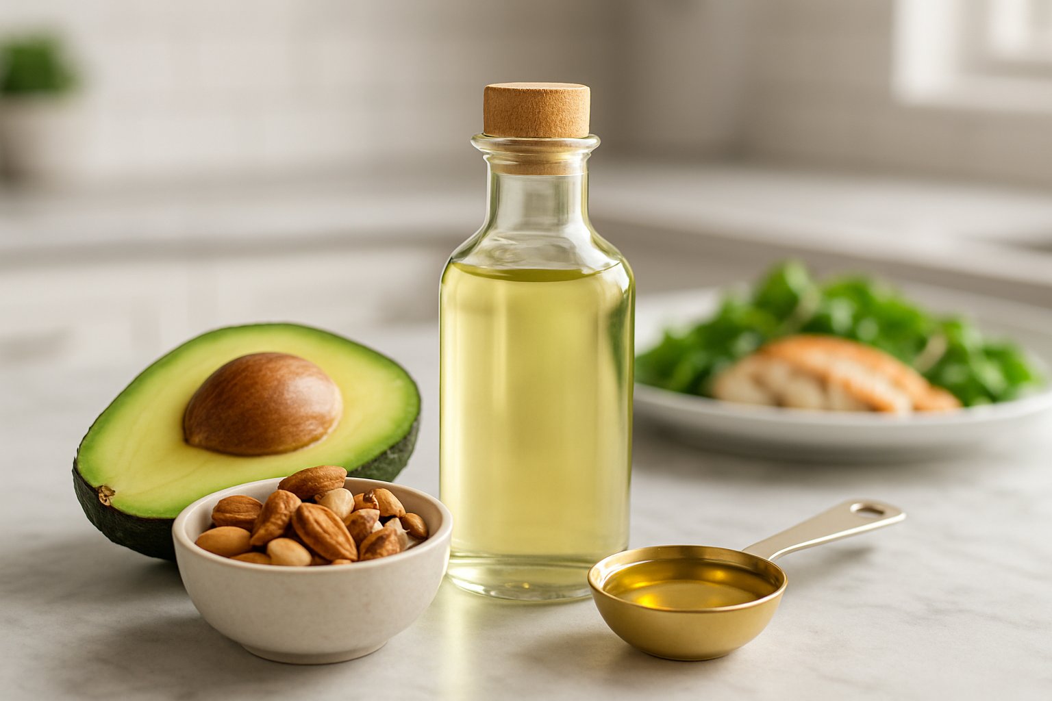A kitchen countertop with a bottle of MCT oil, a halved avocado, a bowl of nuts, and a blurred plate of keto-friendly food in the background.