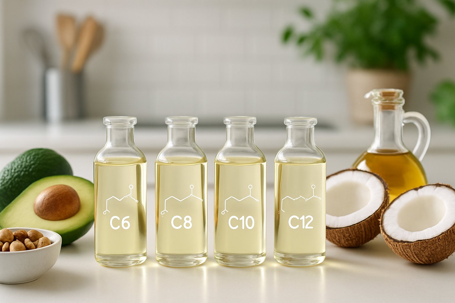 Four small bottles of different MCT oils on a kitchen counter surrounded by keto-friendly ingredients like avocados, coconuts, and nuts.