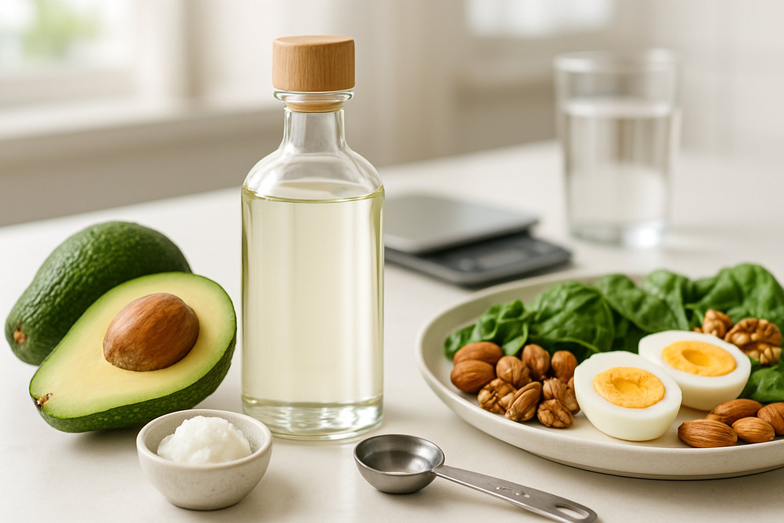A kitchen scene with a bottle of MCT oil, coconut oil, avocado, and a keto-friendly meal on a table.