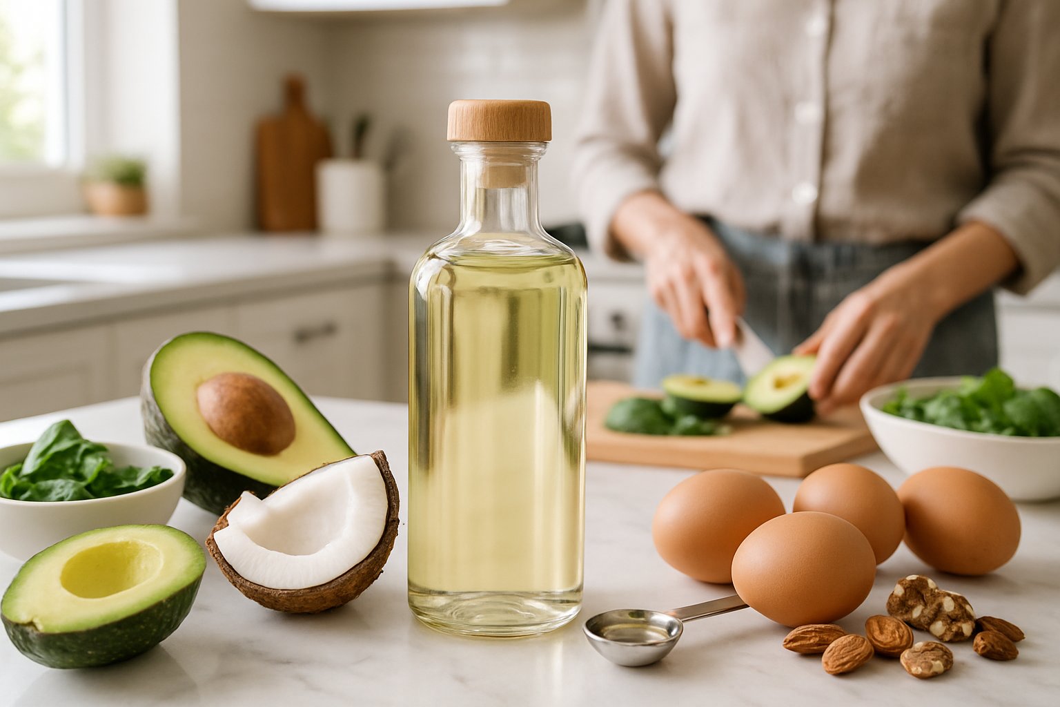 A kitchen countertop with a bottle of MCT oil surrounded by keto-friendly foods like avocado, coconut, eggs, and greens, with a person preparing a meal in the background.