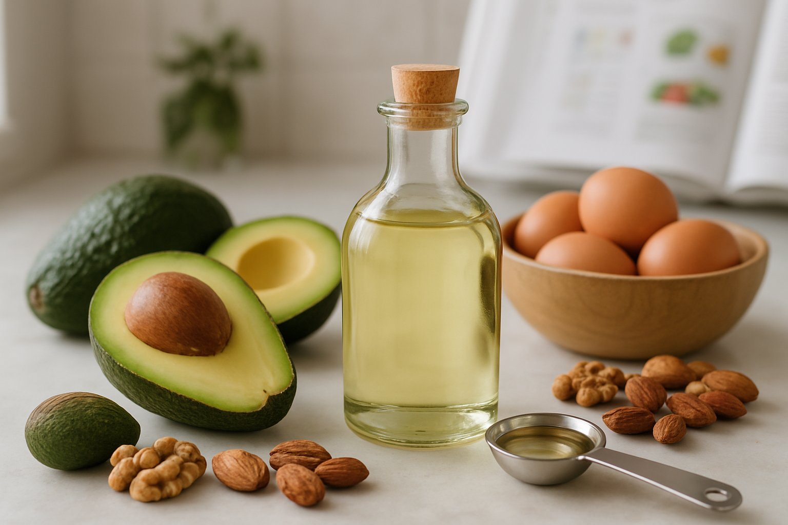 A kitchen countertop with a bottle of MCT oil, measuring spoon, avocados, eggs, and nuts arranged together.