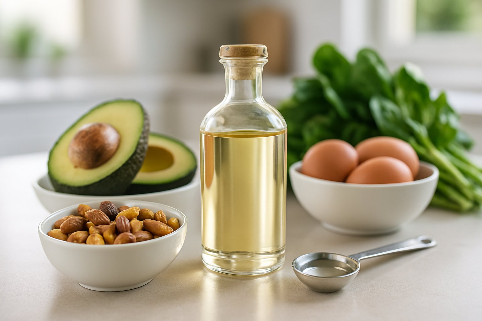 A kitchen countertop with a bottle of MCT oil, a measuring spoon, avocados, eggs, nuts, and leafy greens arranged together.