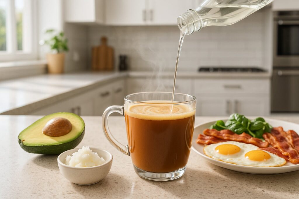 A high-resolution image of Bulletproof coffee with MCT oil being poured in, avocado, coconut oil, and a keto breakfast on a bright modern kitchen counter with natural daylight.