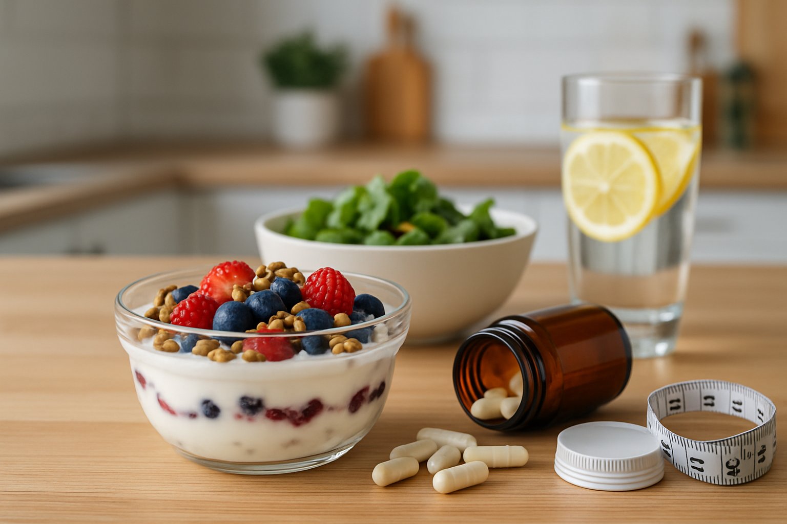 A kitchen countertop with a bowl of yogurt parfait, probiotic capsules, a measuring tape, fresh salad, and a glass of lemon water.