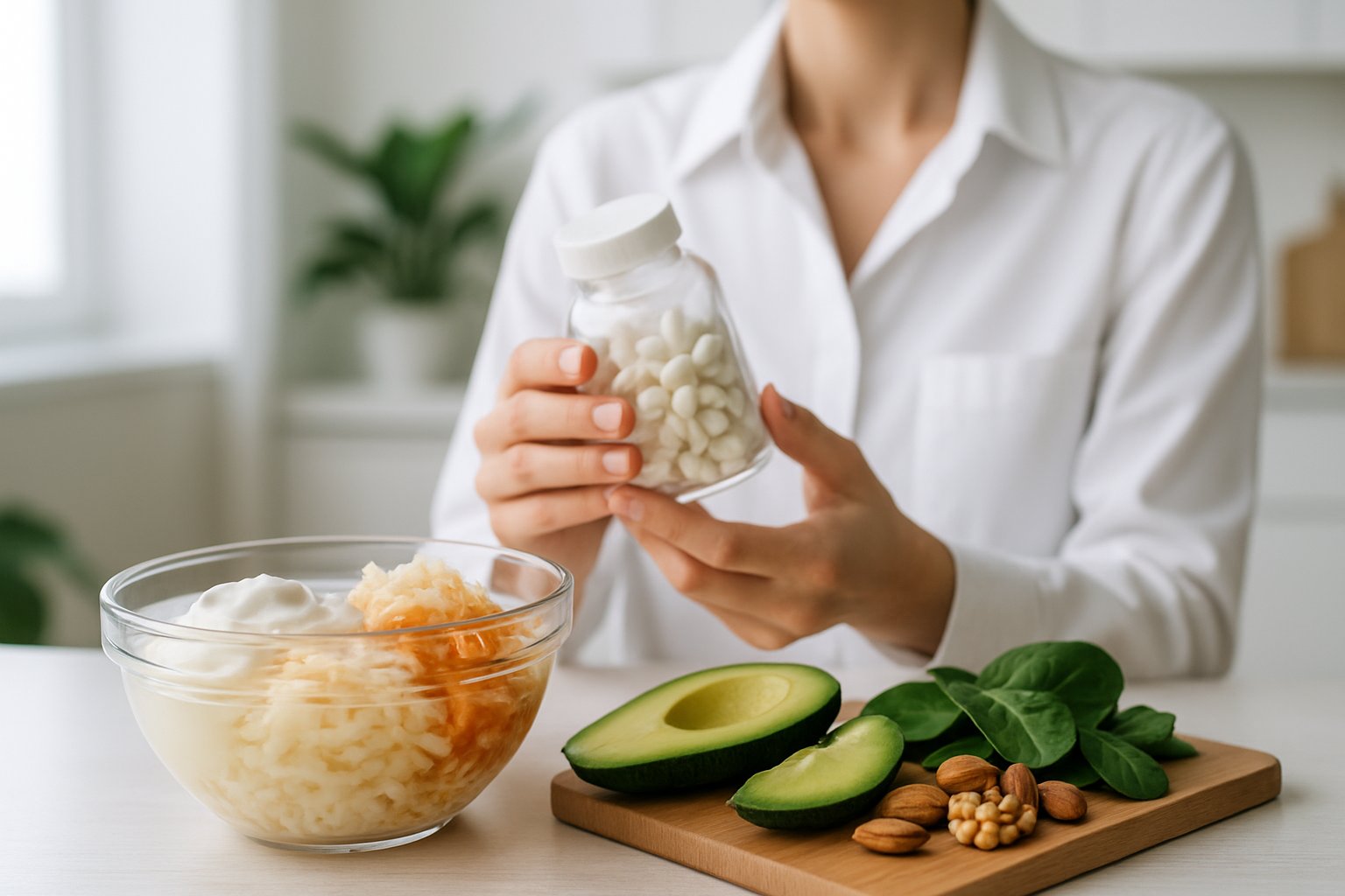 A person holding a bottle of probiotics for keto supplements in a bright kitchen with a bowl of probiotic foods and keto-friendly vegetables on the counter.