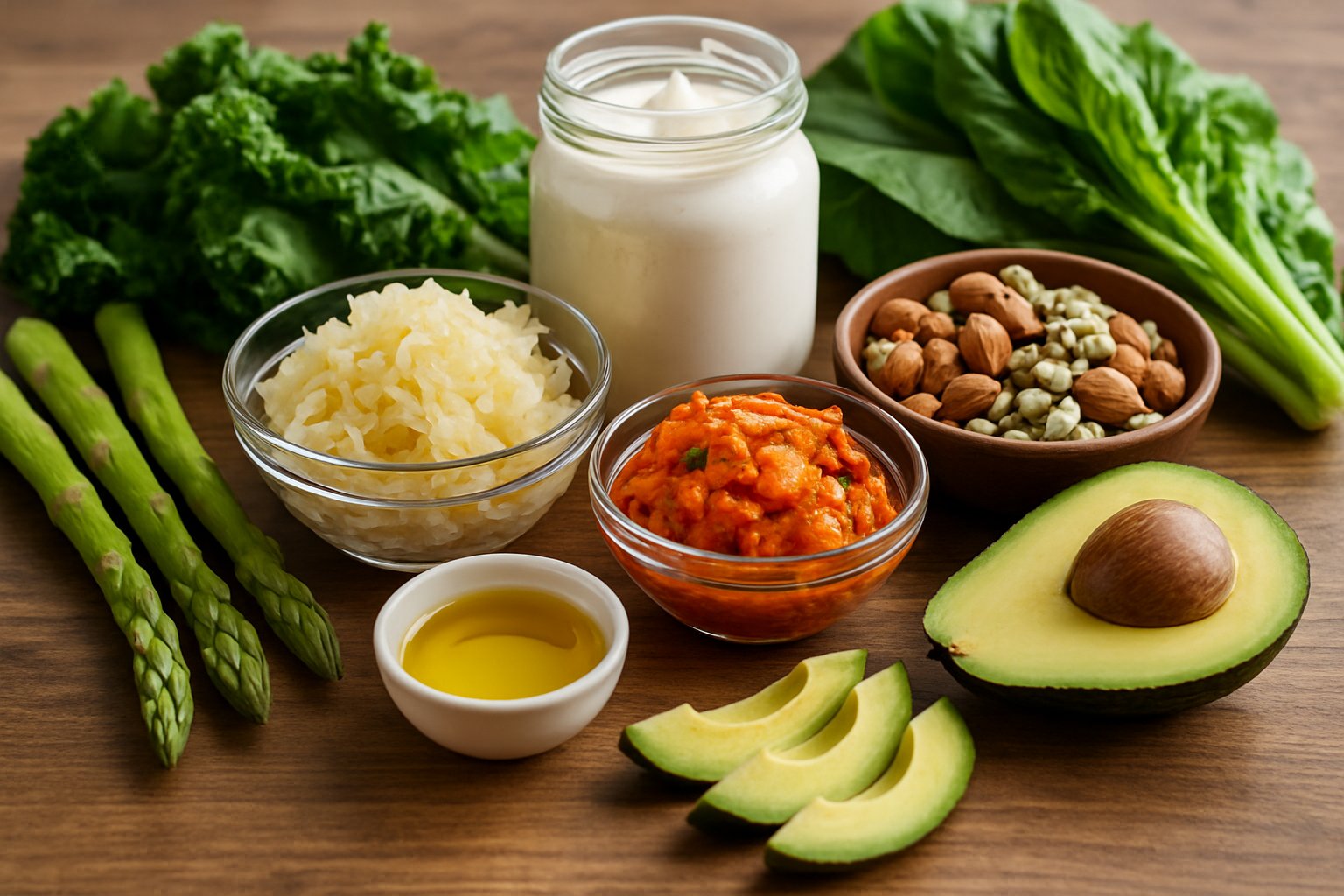 A variety of keto-friendly probiotic and prebiotic foods including vegetables, fermented foods, coconut yogurt, nuts, seeds, avocado, and olive oil arranged on a wooden table.