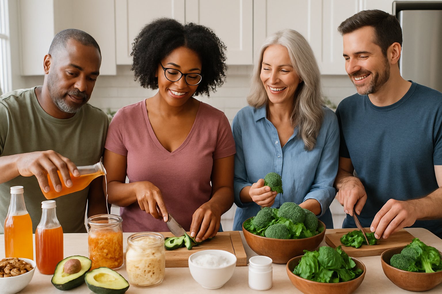 People preparing healthy keto meals with probiotic foods and drinks in a bright kitchen.