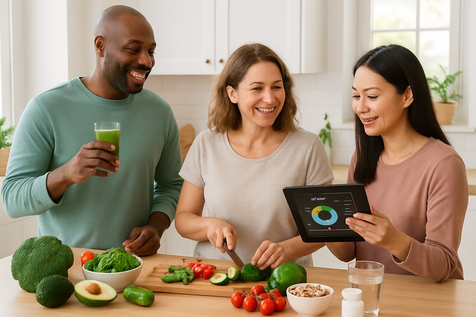 Three adults preparing healthy food together in a bright kitchen with fresh vegetables, probiotic capsules, and a glass of water on the counter.