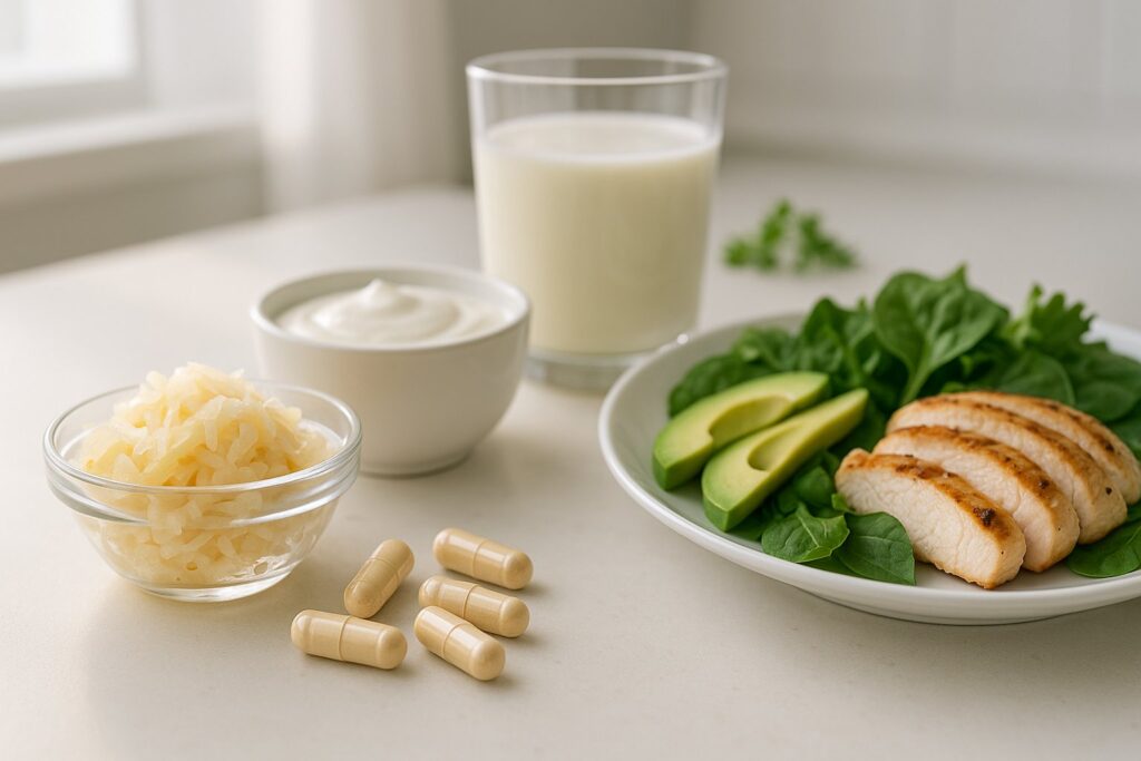 A high-resolution image of probiotic capsules beside sauerkraut, yogurt, kefir, and a keto meal on a bright kitchen counter, natural daylight, clean wellness aesthetic.