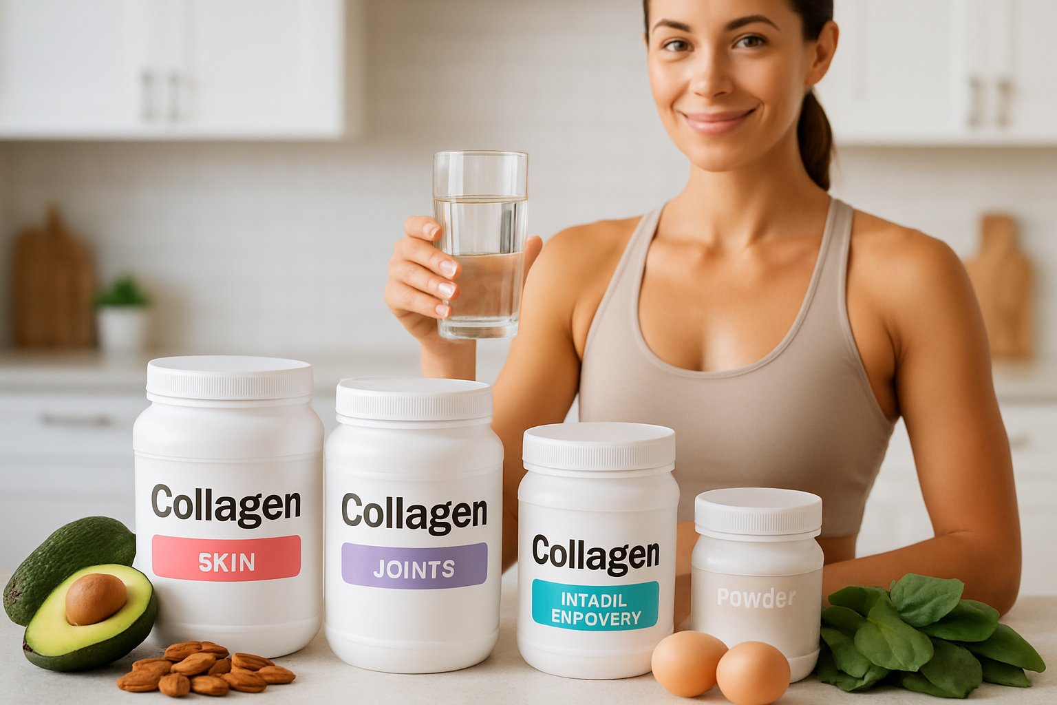 A person holding a glass of collagen drink standing near collagen supplement jars and fresh keto-friendly foods on a kitchen counter.