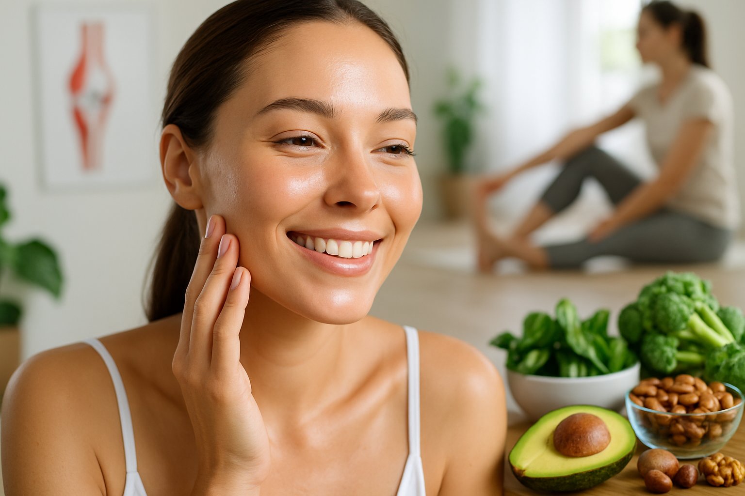A smiling woman with glowing skin gently touches her face, surrounded by fresh keto-friendly foods and subtle hints of joint and muscle health.