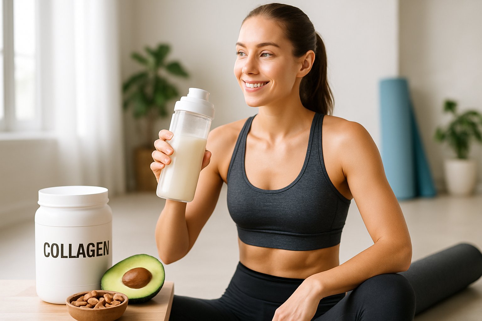 An athletic person holding a collagen supplements for keto  drink in a bright workout space with keto-friendly foods and recovery items nearby.
