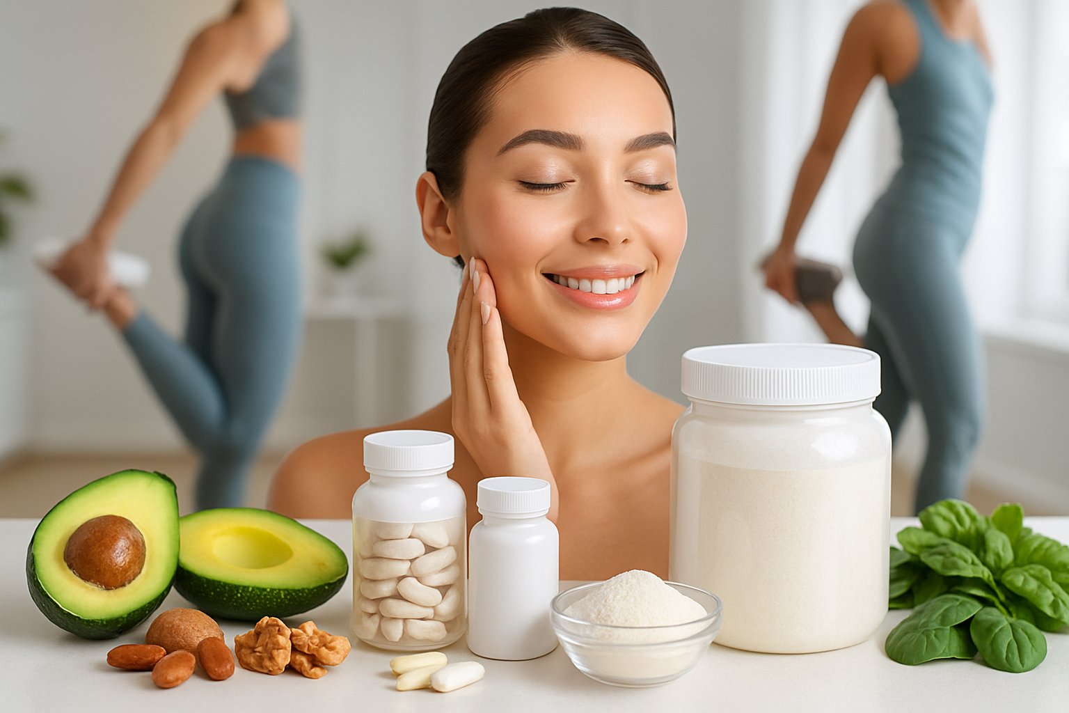 Collagen supplements displayed with keto-friendly foods and people showing healthy skin and stretching to represent joint and muscle benefits.