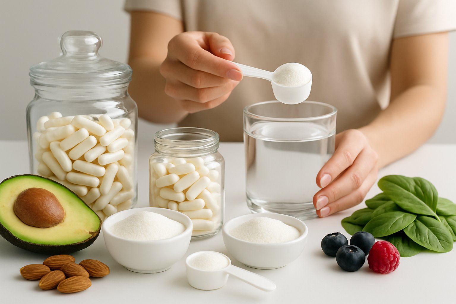 Various collagen supplements displayed with fresh keto-friendly ingredients and a person preparing a collagen drink.