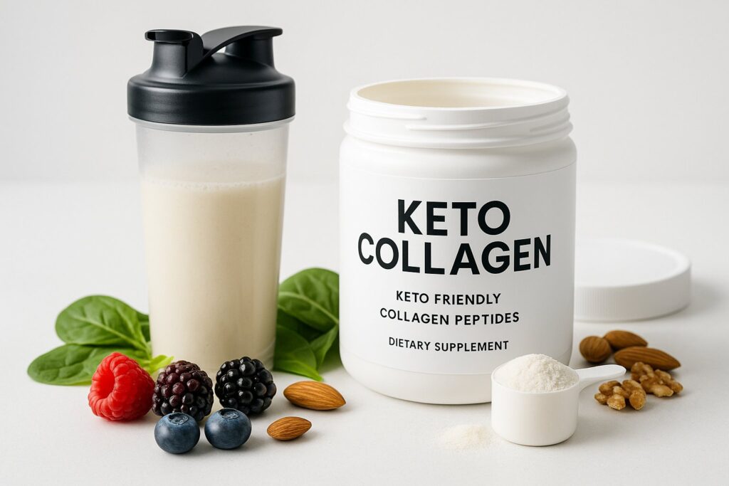 A clean, bright photo of keto collagen powder, a shaker bottle, and vibrant ingredients like avocado and coconut milk. Aesthetic: modern, minimal, health-focused.