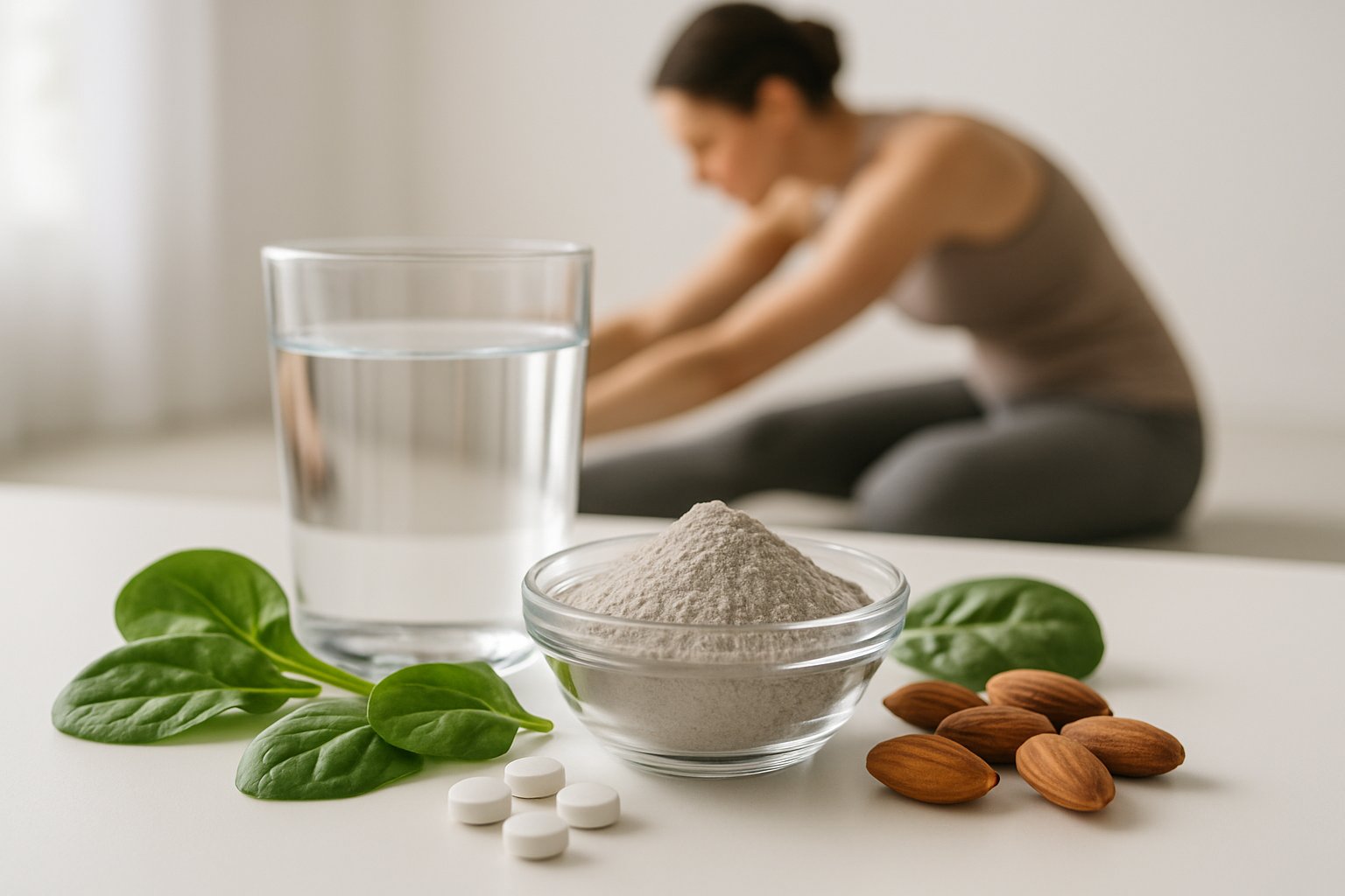 A glass bowl of magnesium powder with a glass of water, surrounded by spinach leaves, almonds, and magnesium tablets, with a person stretching in the background.