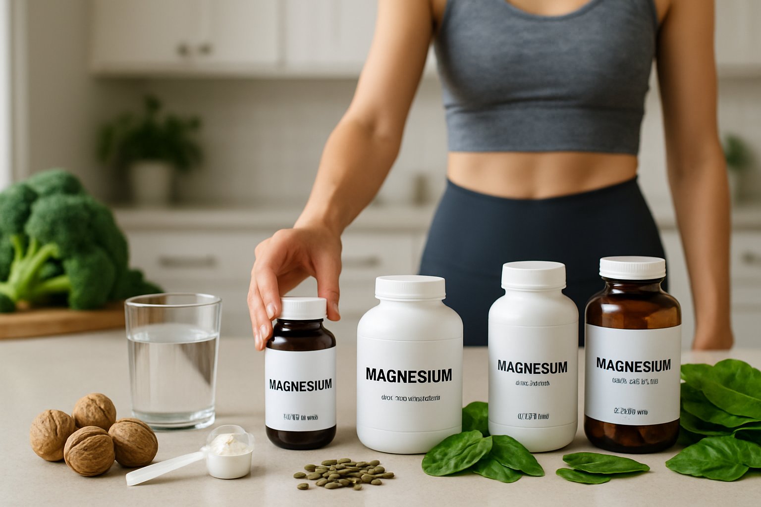 A kitchen counter with the best magnesium for keto supplement, fresh green vegetables, nuts, and seeds, with a person reaching for a supplement in the background.