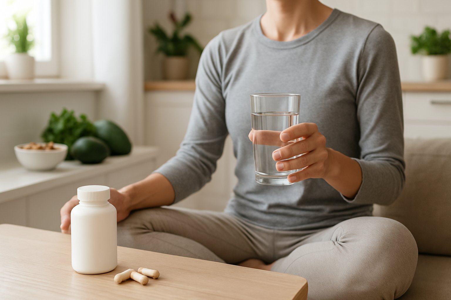 A person sitting in a bright kitchen holding a glass of water with magnesium supplements nearby and keto-friendly foods on the counter.