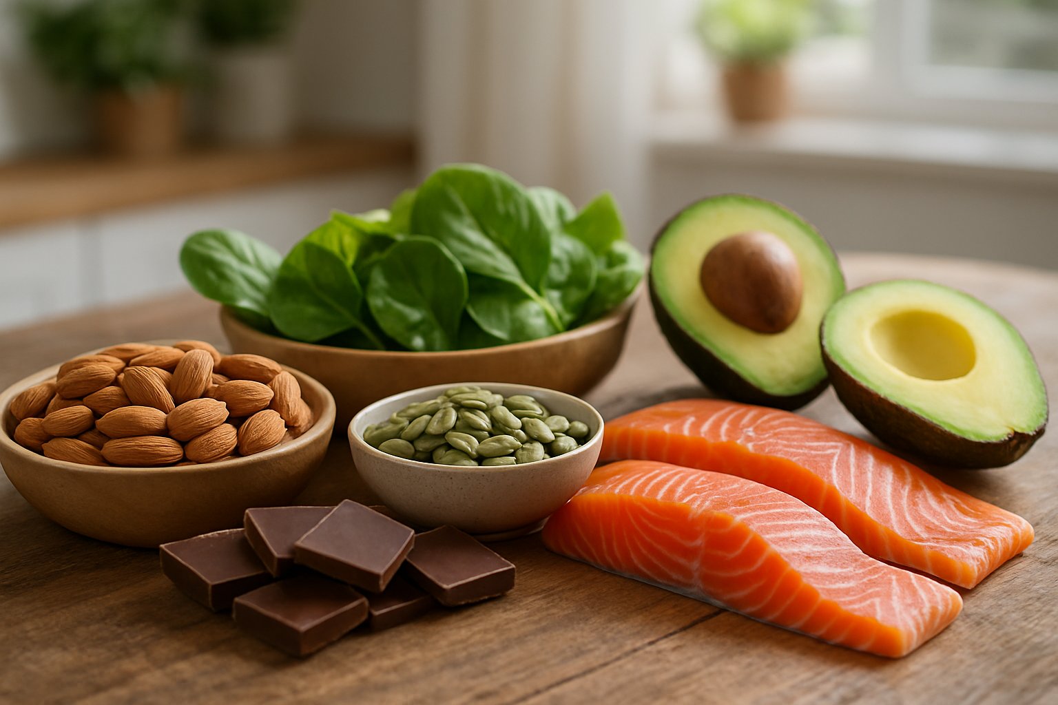 A selection of magnesium-rich keto-friendly foods including almonds, spinach, pumpkin seeds, avocado, dark chocolate, and salmon arranged on a wooden table.