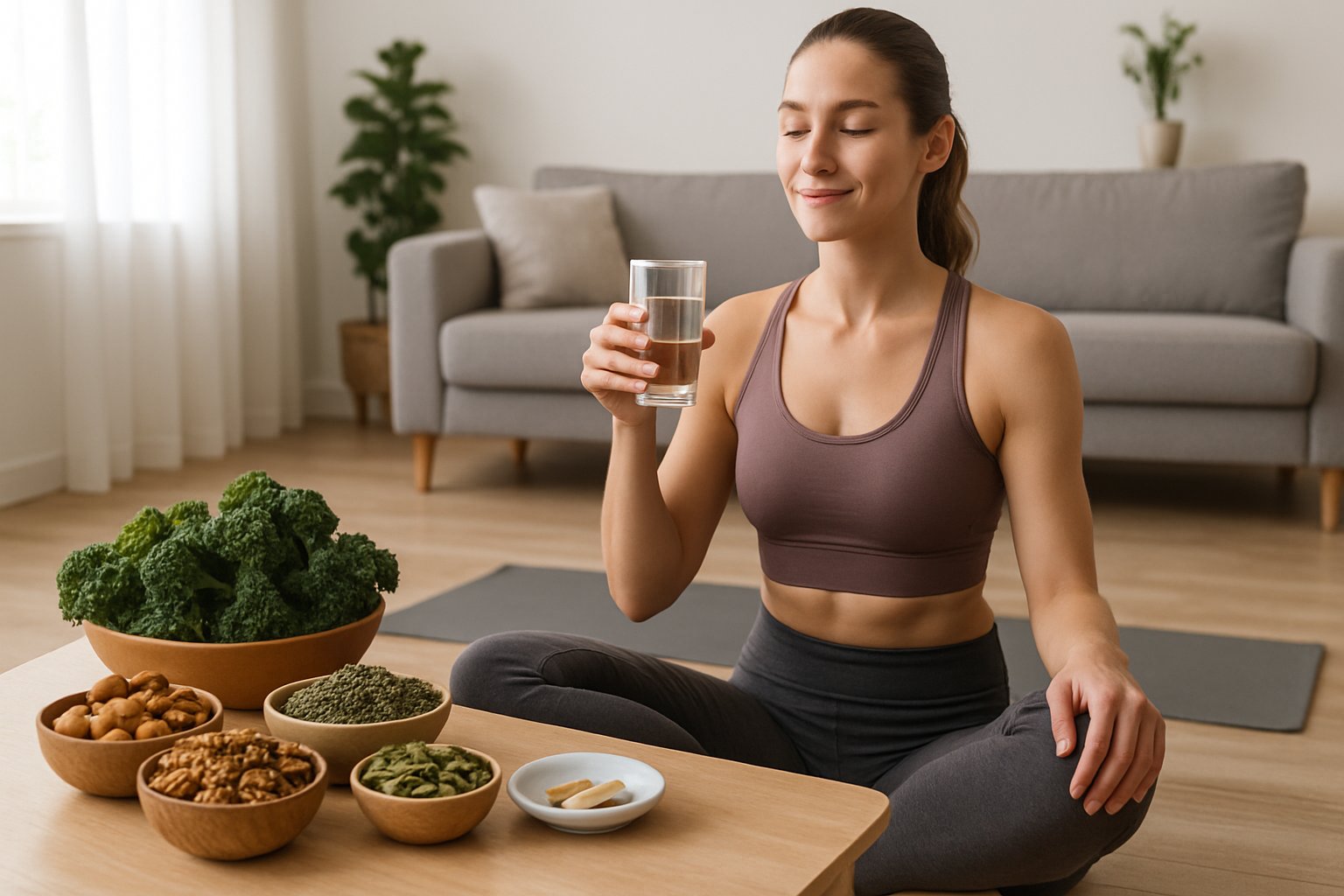 A fit woman sitting on a yoga mat in a bright room with magnesium supplements and keto-friendly foods nearby.