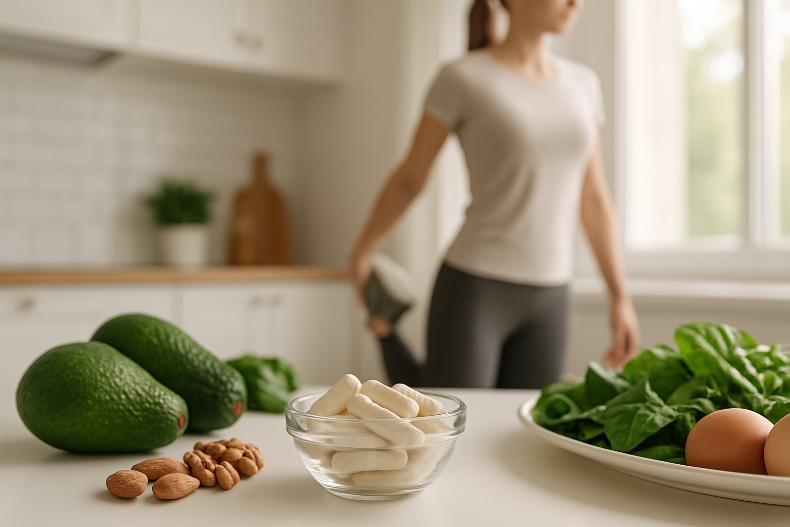 A bowl of magnesium supplements surrounded by keto-friendly foods with a person stretching in the background.