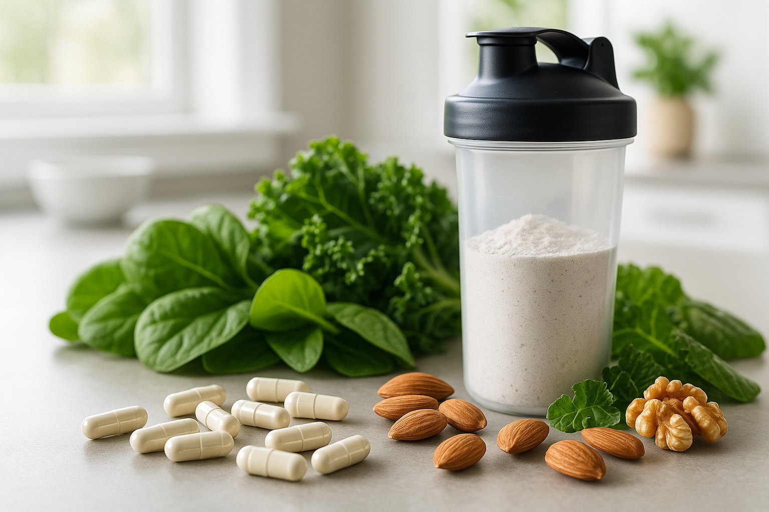 High-resolution image of magnesium supplement capsules, a shaker of magnesium powder, leafy greens and nuts on a kitchen counter — bright natural light, clean wellness aesthetic.